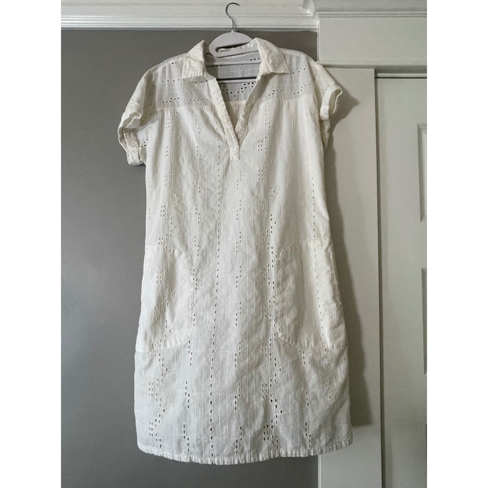 Prana White Eyelet Cotton Blend Shift Dress Short Sleeve V-Neck Pockets Medium